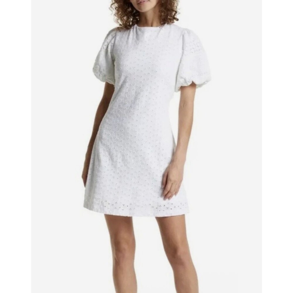 Free People White Eyelet Dress Mini Puff Sleeve Sz Large Apricot Rose